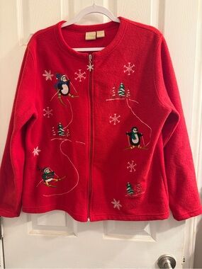 Red Penguin Ski Fleece Zip CC Hughes woman’s warm festive holiday grandma core